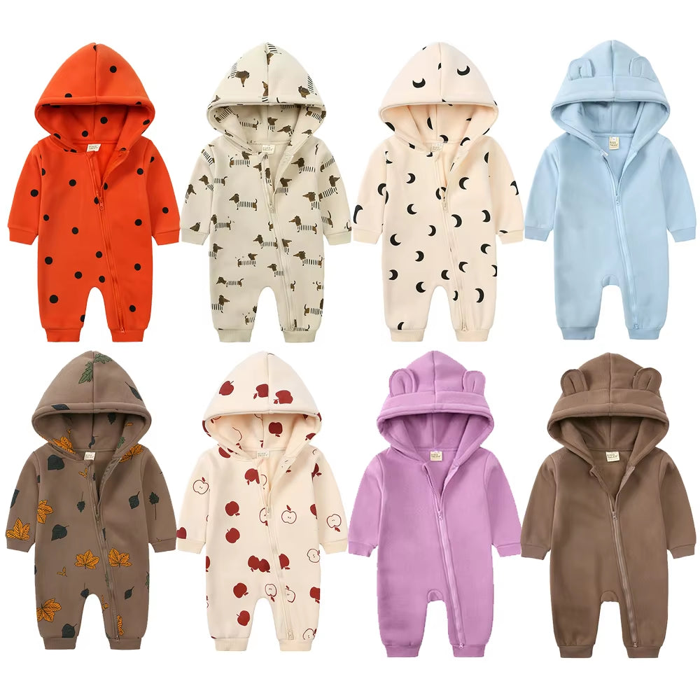 2024 Baby Winter Fleece Romper Print Cotton Warm Outfit Clothes for 0-24M Jumpsuit Newborn Toddler Bear Hoodies Bodysuit Costume