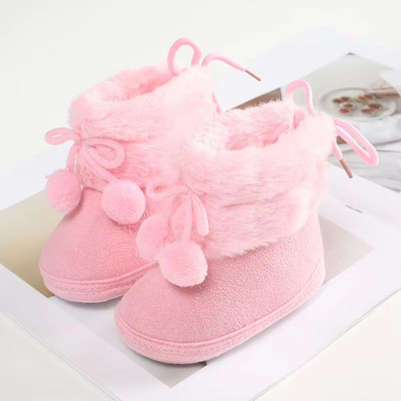 Winter Furry Snow Boots - Soft Sole First Walkers Shoes for Baby Girls 0-18 Months